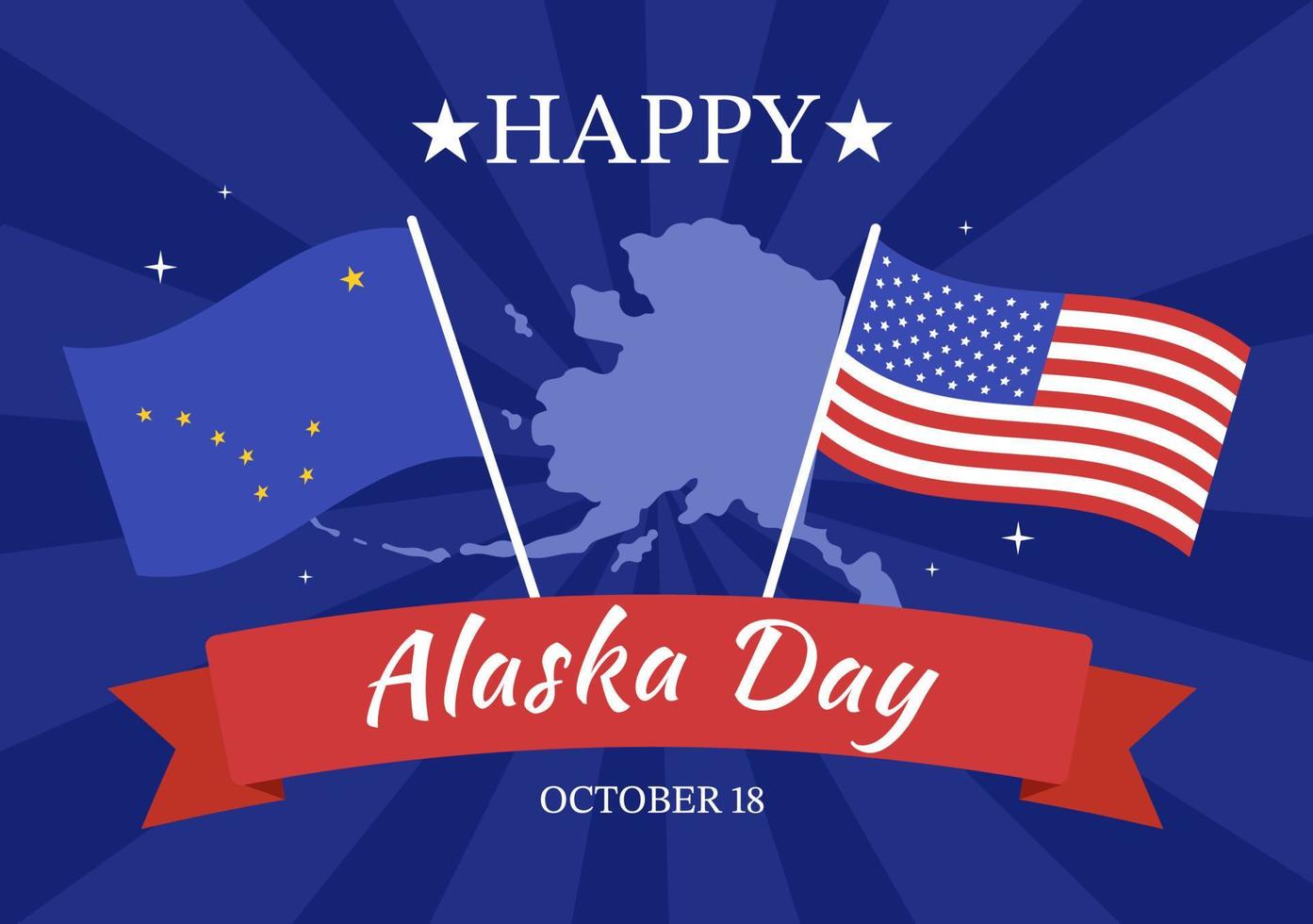 feliz día de alaska el 18 de octubre ilustración plana de dibujos animados dibujados a mano con bandera ondeando en el paisaje invernal en plantilla para pancarta o póster vector