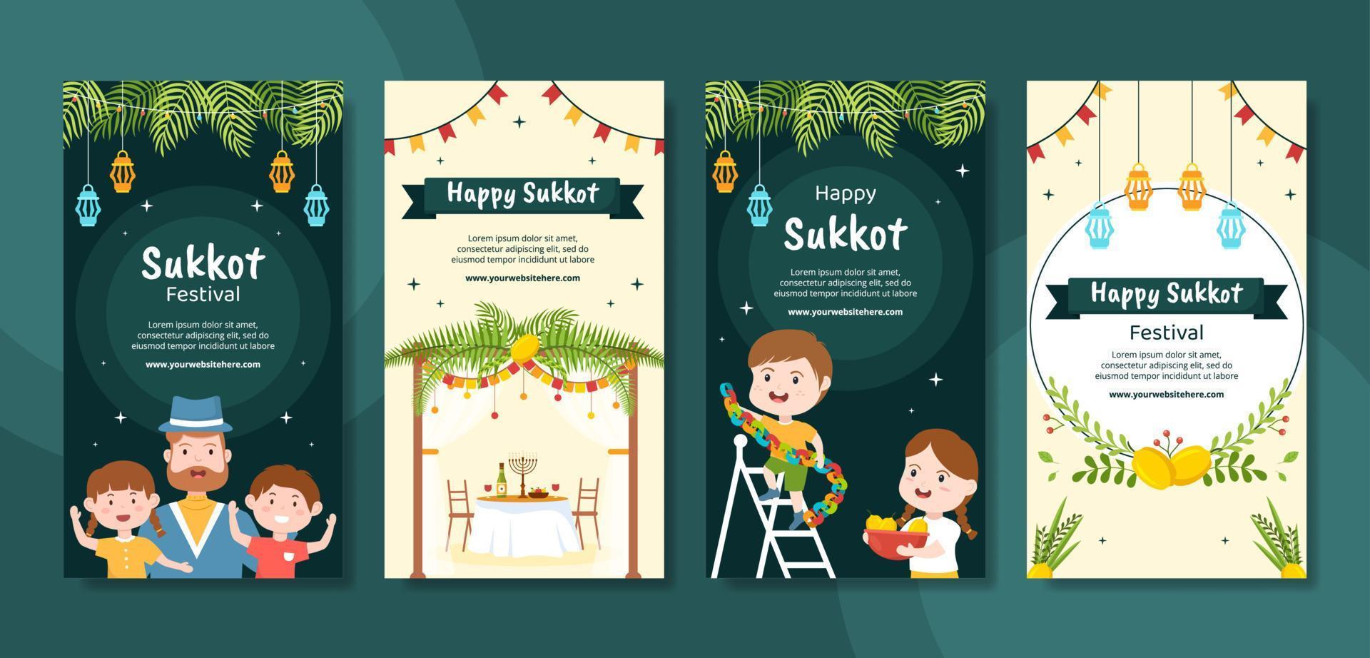 Jewish Holiday Sukkot Social Media Stories Template Hand Drawn Cartoon Flat Illustration vector