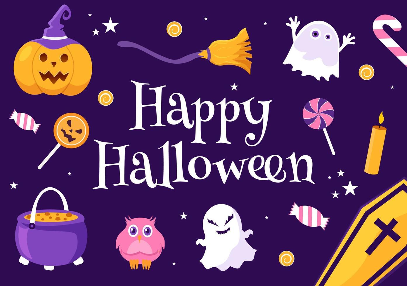 Happy Halloween Template Background Hand Drawn Cartoon Flat Illustration with Pumpkins, Bats and Dark Castle on Full Moon For Add Your Design Style vector