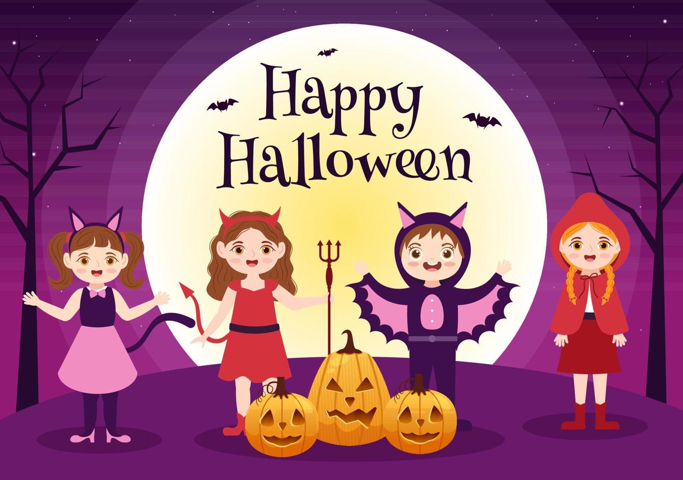 Happy Halloween Template Background Hand Drawn Cartoon Flat Illustration with Children Wearing Various Costumes, Haunted House, Pumpkins, Bats and Full Moon vector