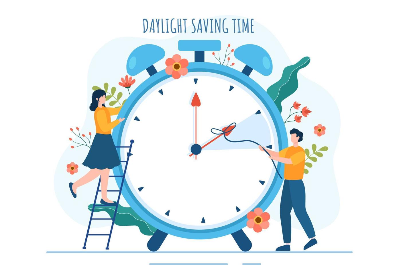 Daylight Savings Time Hand Drawn Flat Cartoon Illustration with Alarm Clock or Calendar from Summer to Spring Forward Design vector