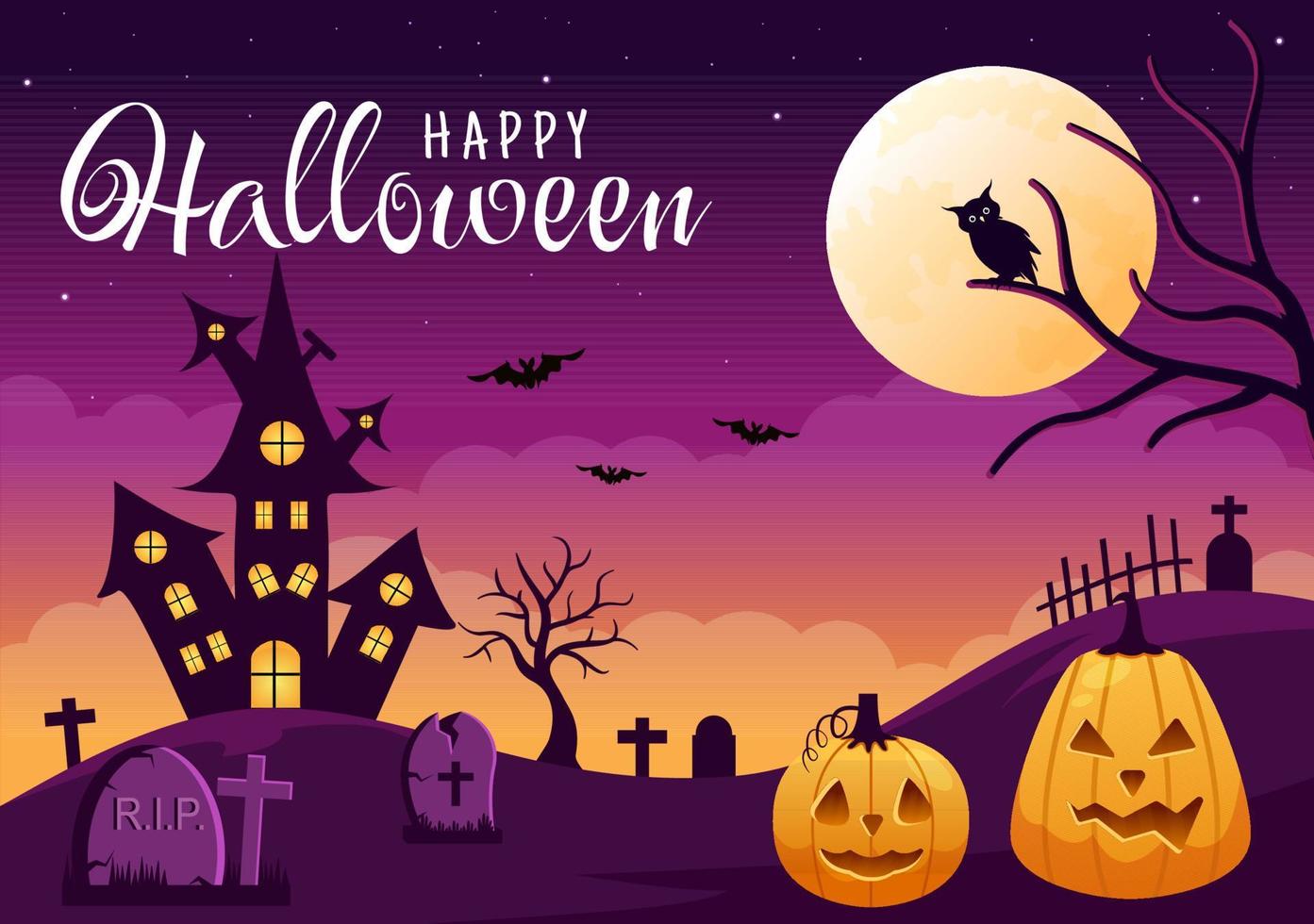 Happy Halloween Template Background Hand Drawn Cartoon Flat Illustration with Pumpkins, Bats and Dark Castle on Full Moon For Add Your Design Style vector