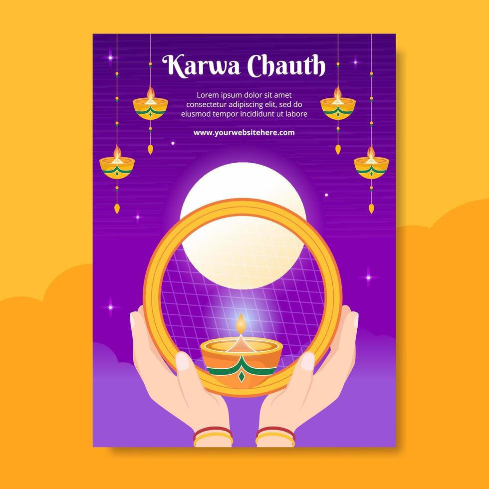 plantilla de cartel indio del festival karwa chauth ilustración plana de dibujos animados dibujados a mano vector