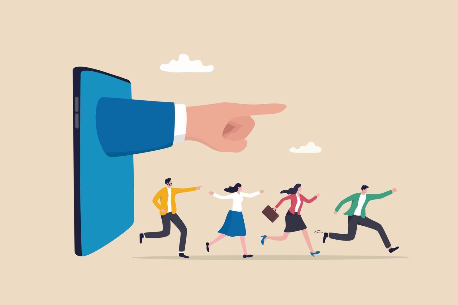 Thought leadership, influencer or key opinion leader, KOL, social marketing for advertising campaign lead or influence by expert person concept, hand pointing from mobile with people follow the way. vector