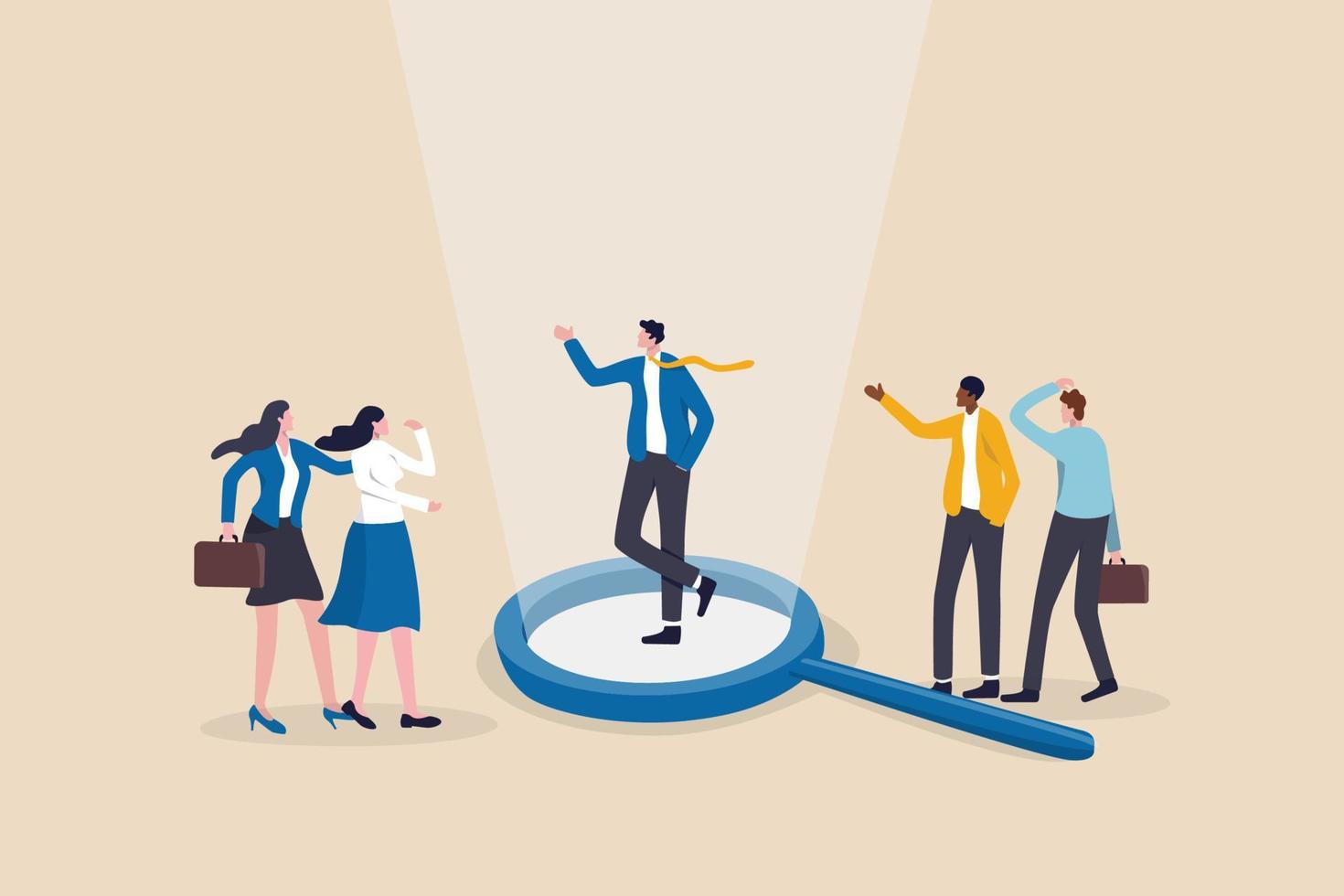 Chosen candidate, winning applicant to get new job, HR or human resources, hire outstanding candidate, employment and recruitment concept, outstanding businessman on magnifying glass among applicants. vector
