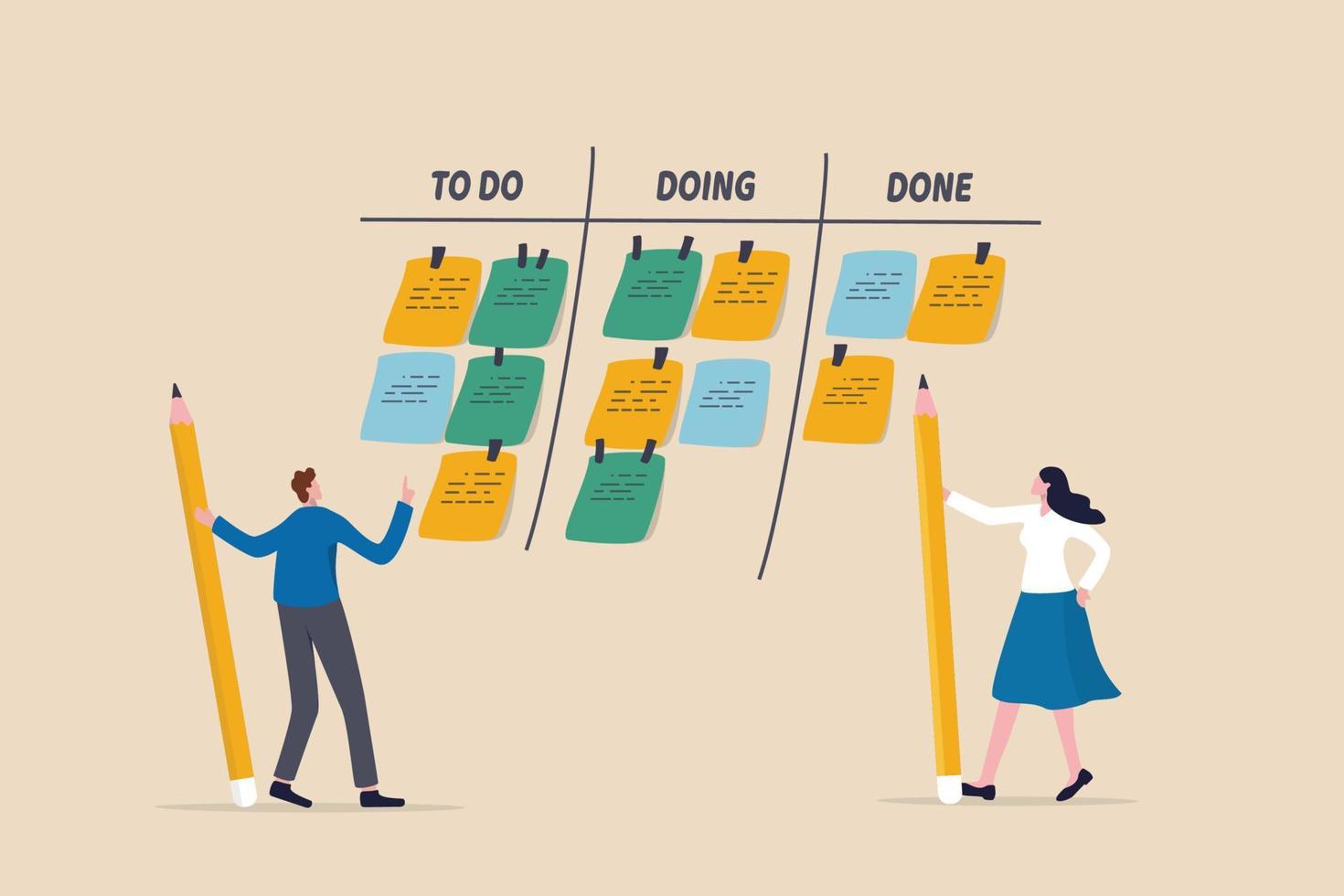 Review work progress on kanban board, todo list, in progress task and finished one, project management or planning for production concept, business people review project progress on kanban board. vector
