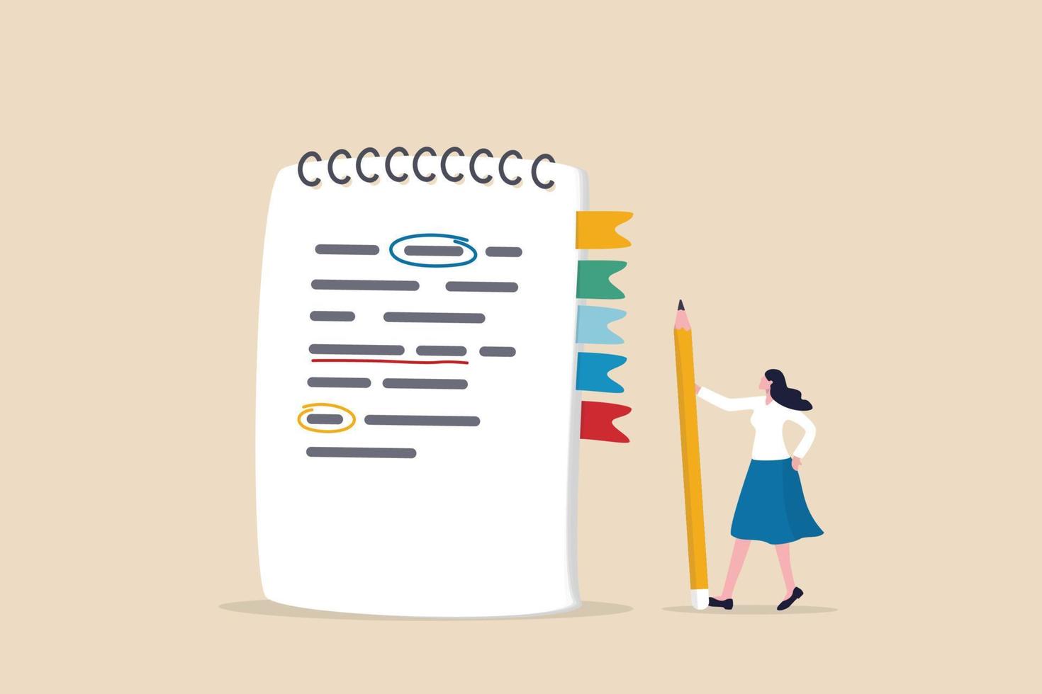 Taking note for study and work, efficiency way for important information, summary or conclusion, planning or productivity concept, young woman holding pencil with notebook or notepad for taking note. vector