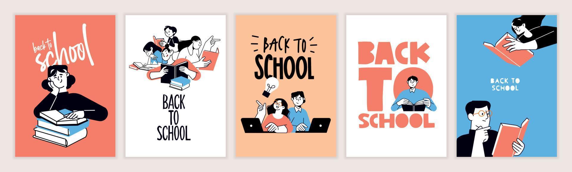 Set of back to school posters. Vector illustration concepts for graphic and web design, business presentation, marketing and print material. International education day, world book day, teachers day.