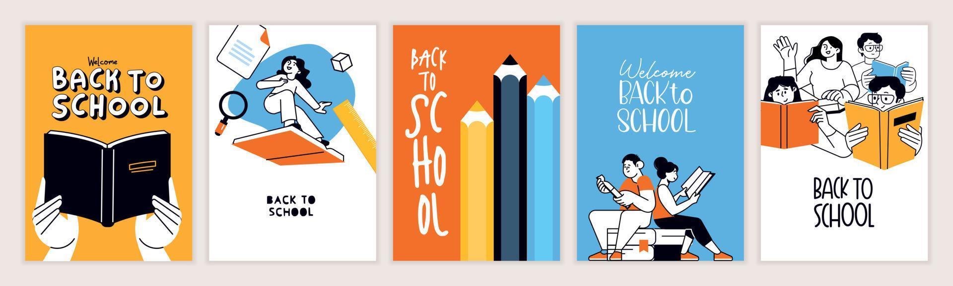 conjunto de carteles de regreso a la escuela. conceptos de ilustración vectorial para diseño gráfico y web, presentación comercial, marketing y material impreso. día internacional de la educación, día mundial del libro, día del maestro. vector