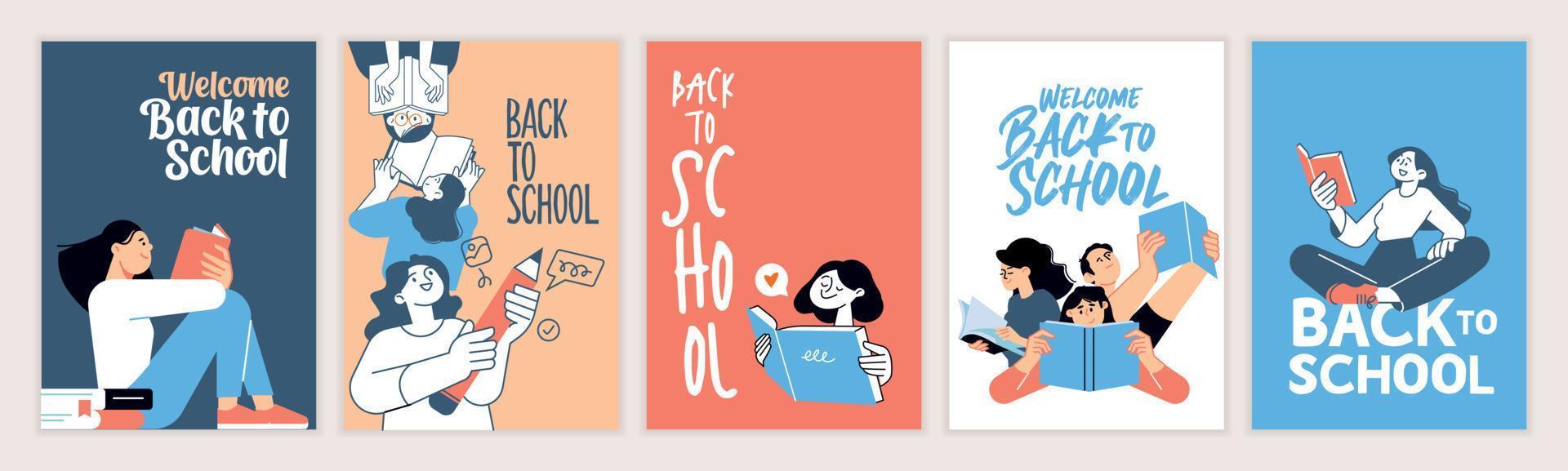 conjunto de carteles de regreso a la escuela. conceptos de ilustración vectorial para diseño gráfico y web, presentación comercial, marketing y material impreso. día internacional de la educación, día mundial del libro, día del maestro. vector