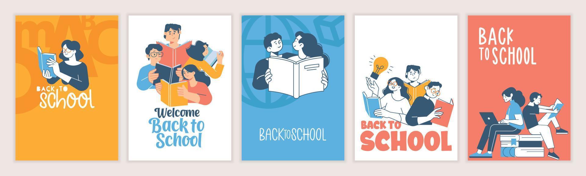 Set of back to school posters. Vector illustration concepts for graphic and web design, business presentation, marketing and print material. International education day, world book day, teachers day.