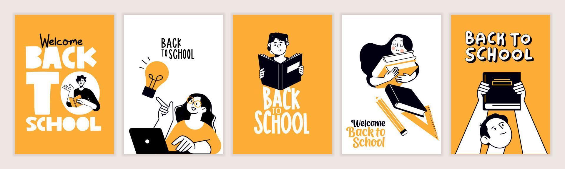 conjunto de carteles de regreso a la escuela. conceptos de ilustración vectorial para diseño gráfico y web, presentación comercial, marketing y material impreso. día internacional de la educación, día mundial del libro, día del maestro. vector