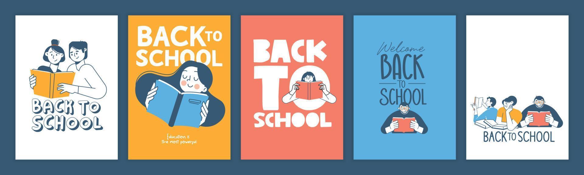 Set of back to school posters. Vector illustration concepts for graphic and web design, business presentation, marketing and print material. International education day, world book day, teachers day.