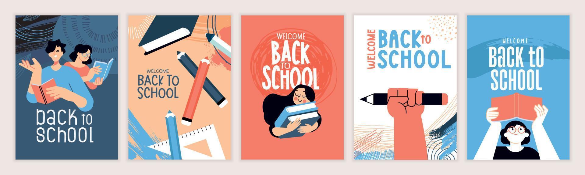 conjunto de carteles de regreso a la escuela. conceptos de ilustración vectorial para diseño gráfico y web, presentación comercial, marketing y material impreso. día internacional de la educación, día mundial del libro, día del maestro. vector