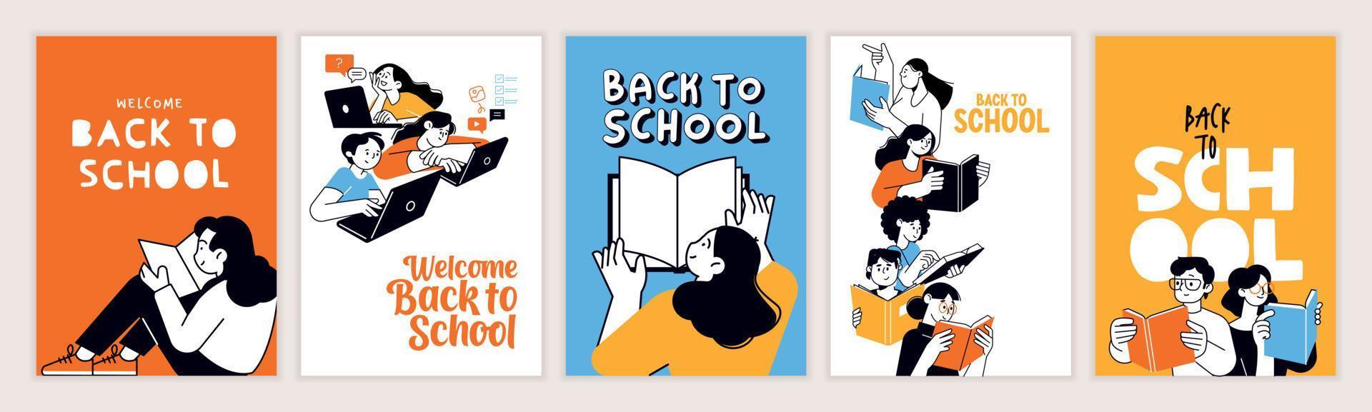 Set of back to school posters. Vector illustration concepts for graphic and web design, business presentation, marketing and print material. International education day, world book day, teachers day.