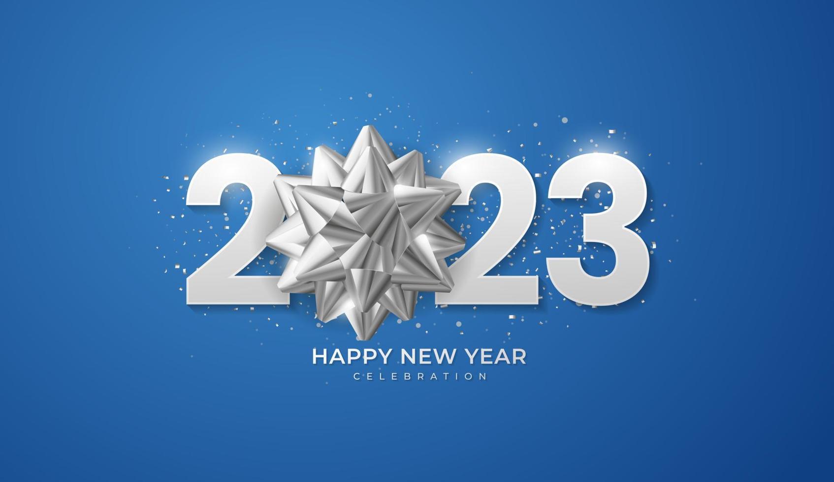 Happy New Year 2023. festive realistic decoration. Celebrate party 2023 on blue background vector