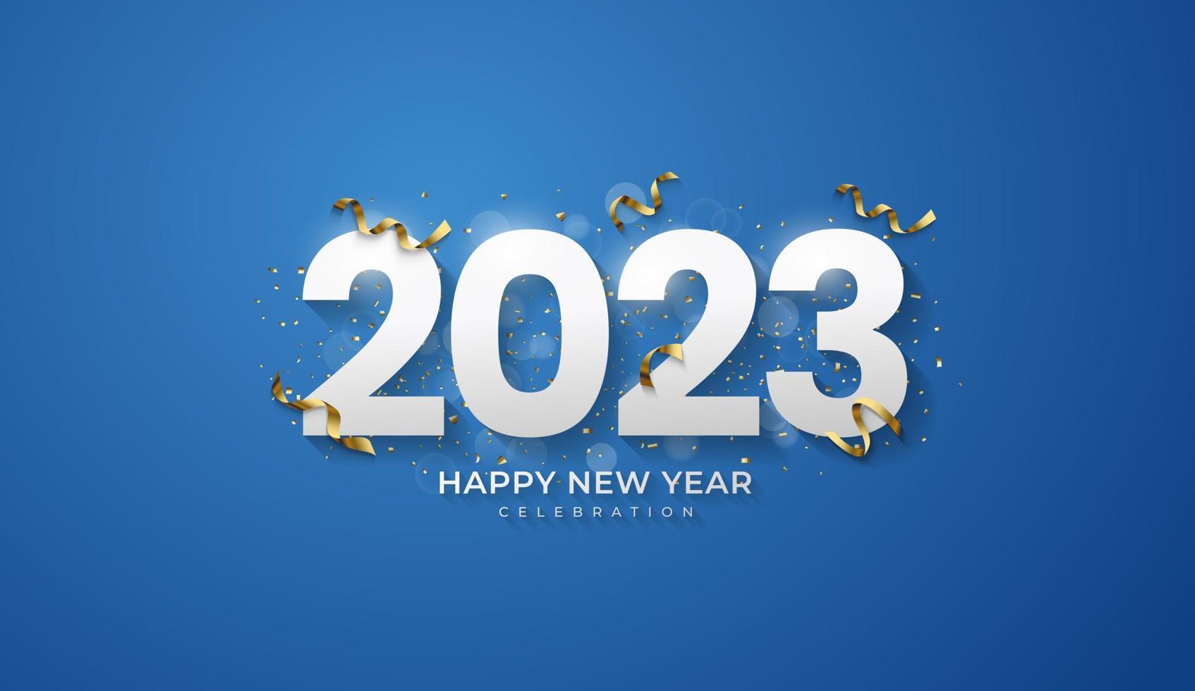 feliz año nuevo 2023. decoración festiva realista. celebrar la fiesta 2023 sobre fondo azul vector