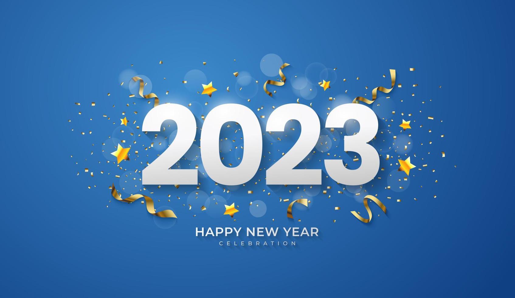 Happy New Year 2023. festive realistic decoration. Celebrate party 2023 on blue background vector