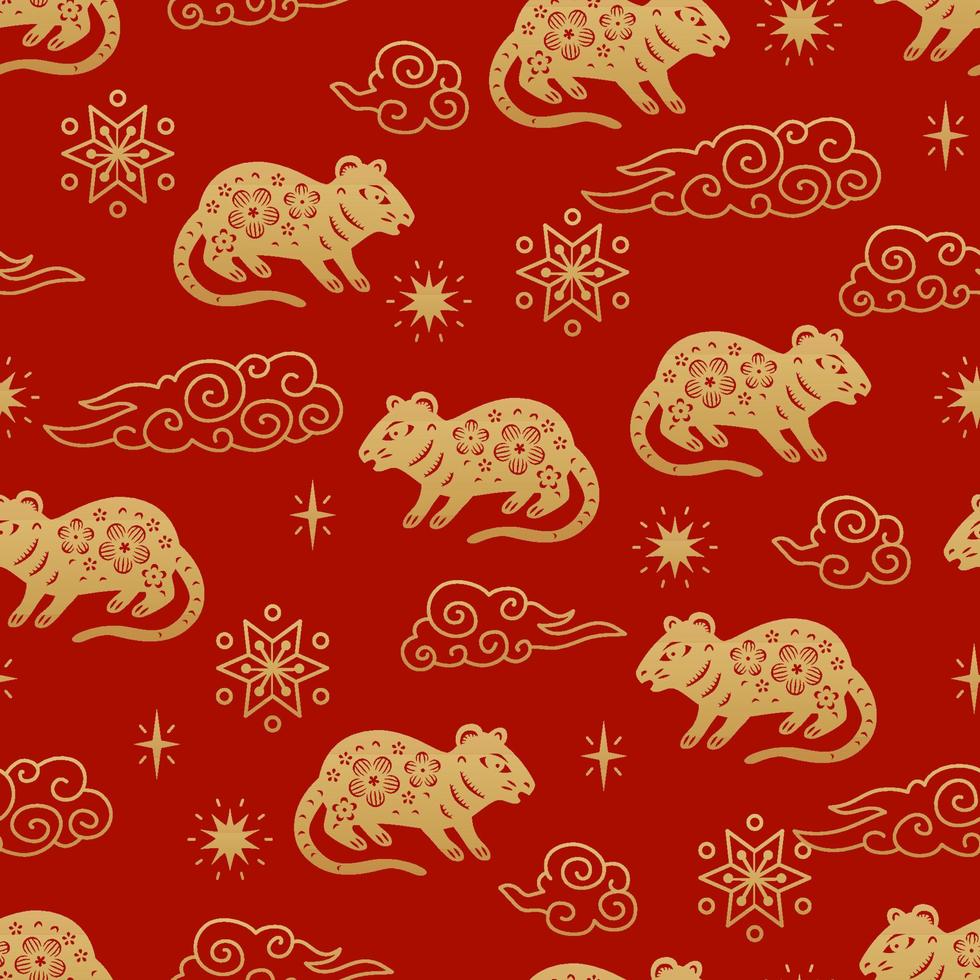 Chinese traditional Zodiac signs mouse seamless pattern. Oriental ornament vector