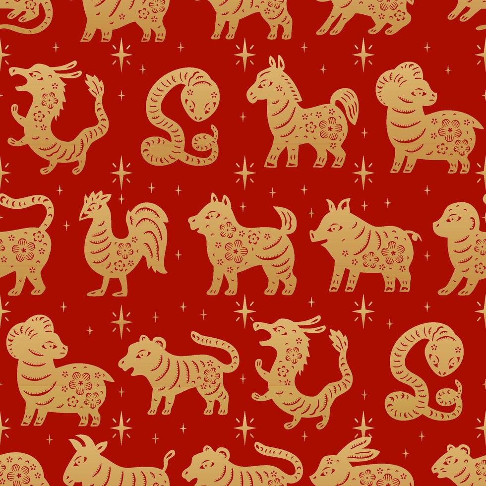 Chinese traditional Zodiac signs seamless pattern. Oriental ornament background vector