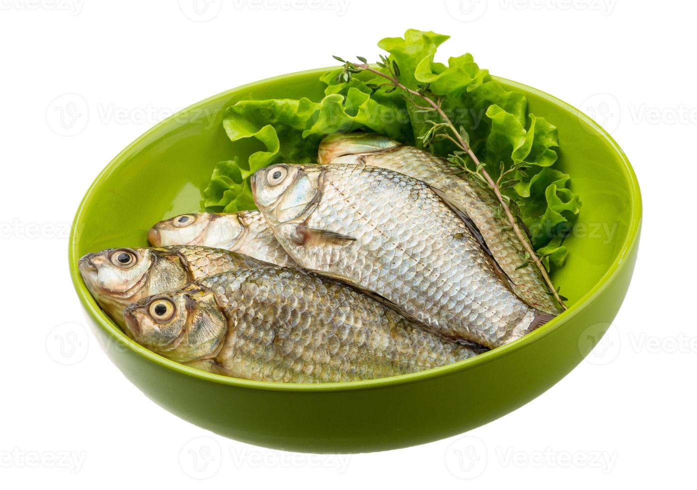 Crucian fish in a bowl on white background photo