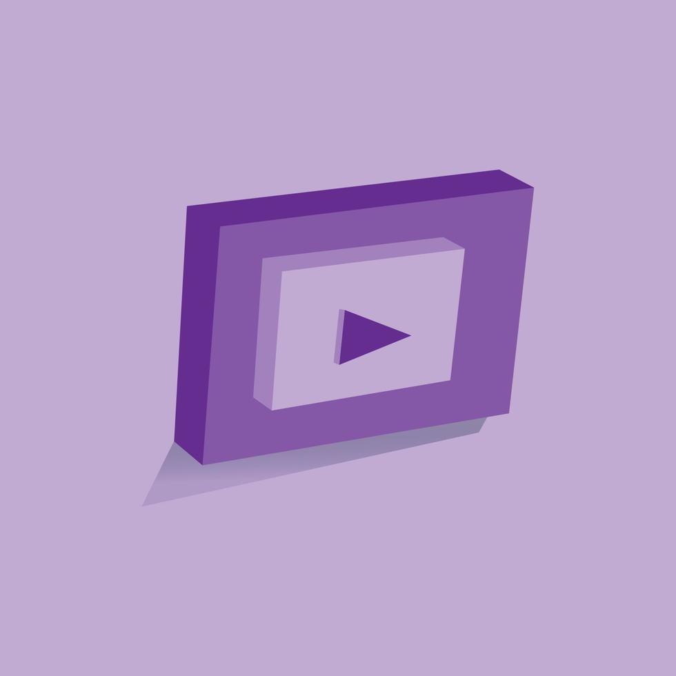 3d social media playing video in background. Purple play button to start multimedia with colorful video concept, audio playback. vector