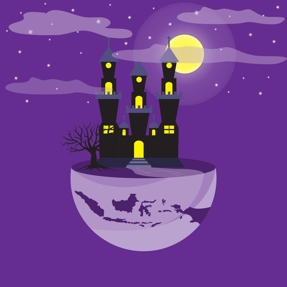 Halloween celebration with devil's house and floating dry tree vector