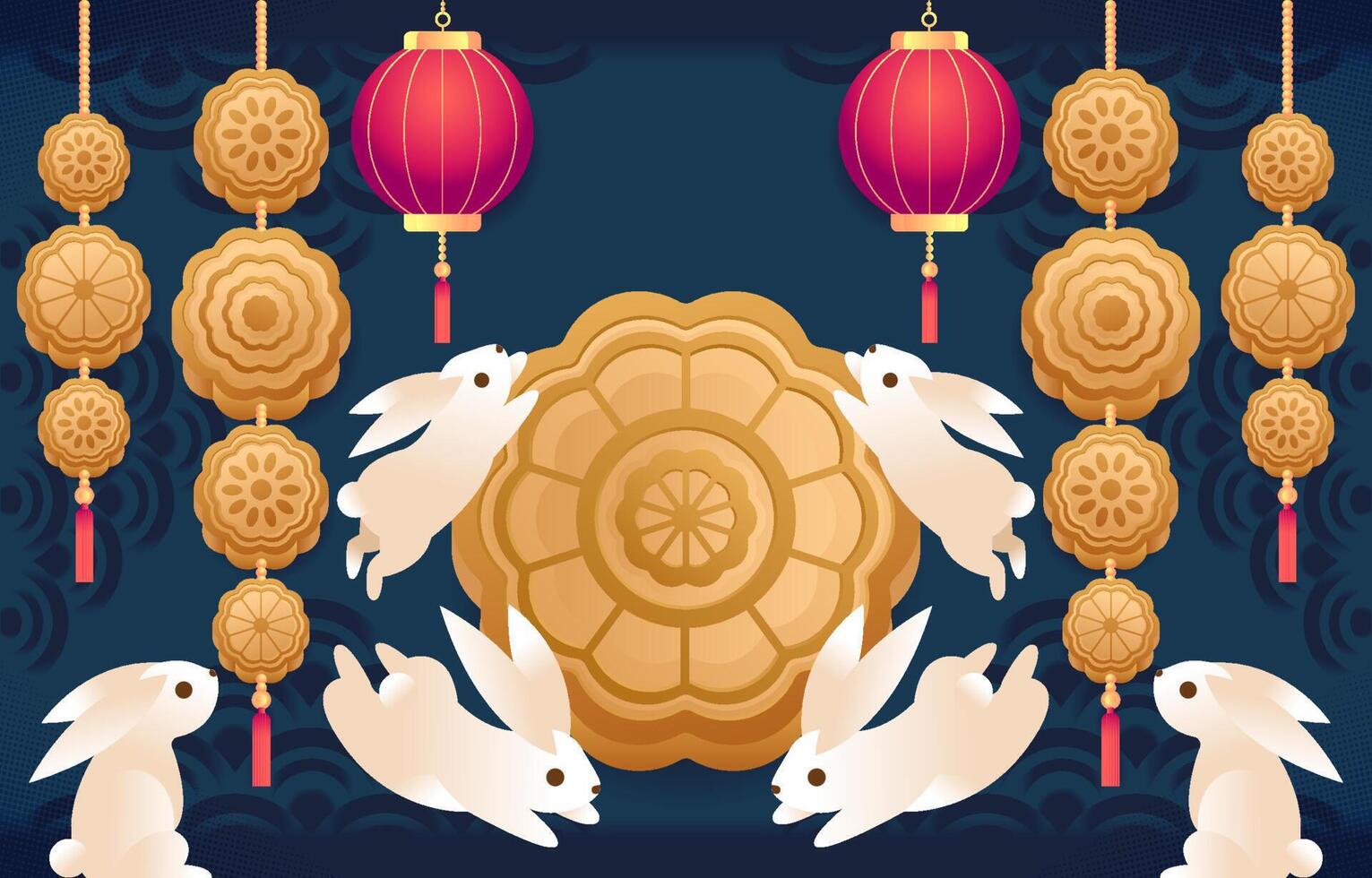 Moon Cake Decoration And Cute Bunny vector
