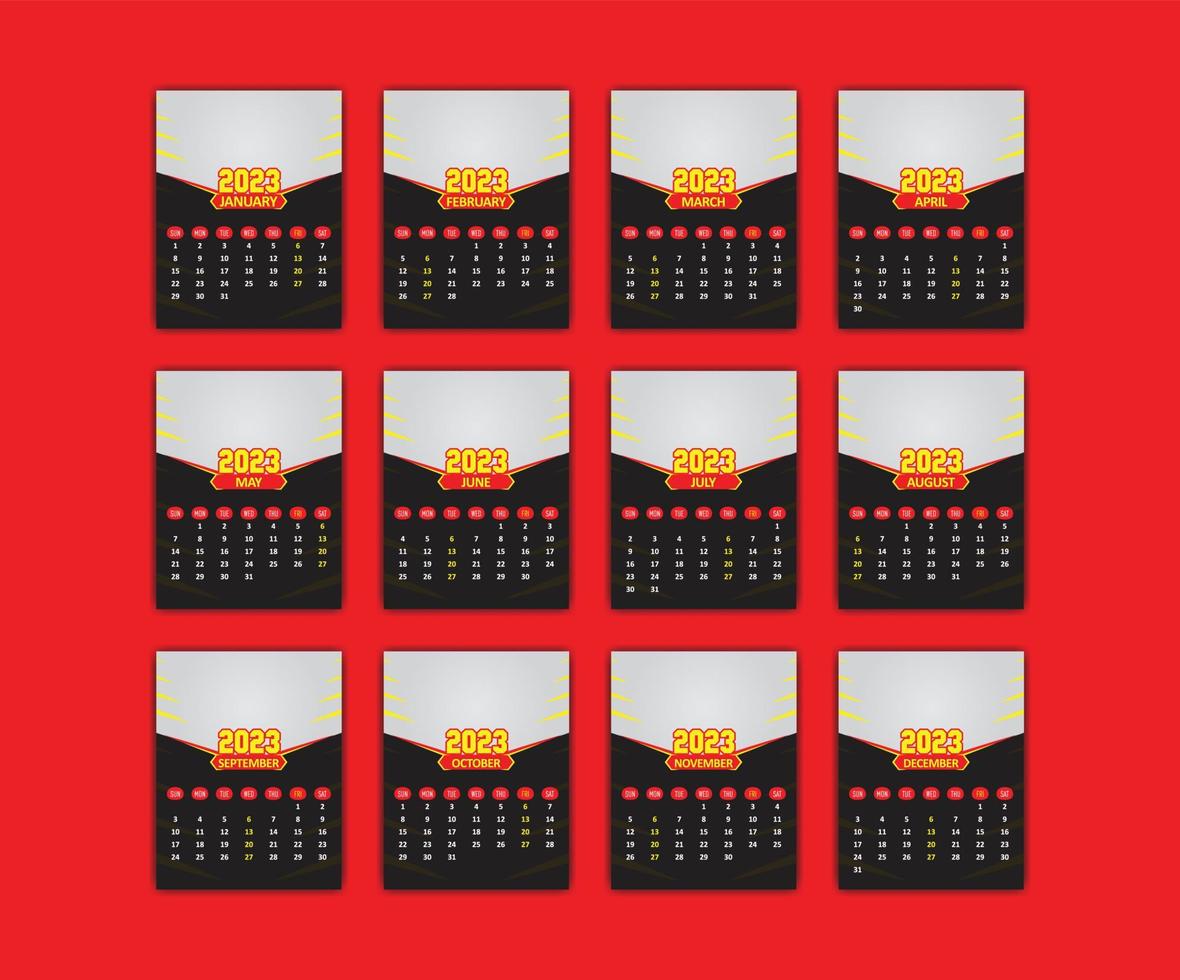 Yearly Calendar 2023 Print Ready Eps Vector Template, 12 Months Calendar.