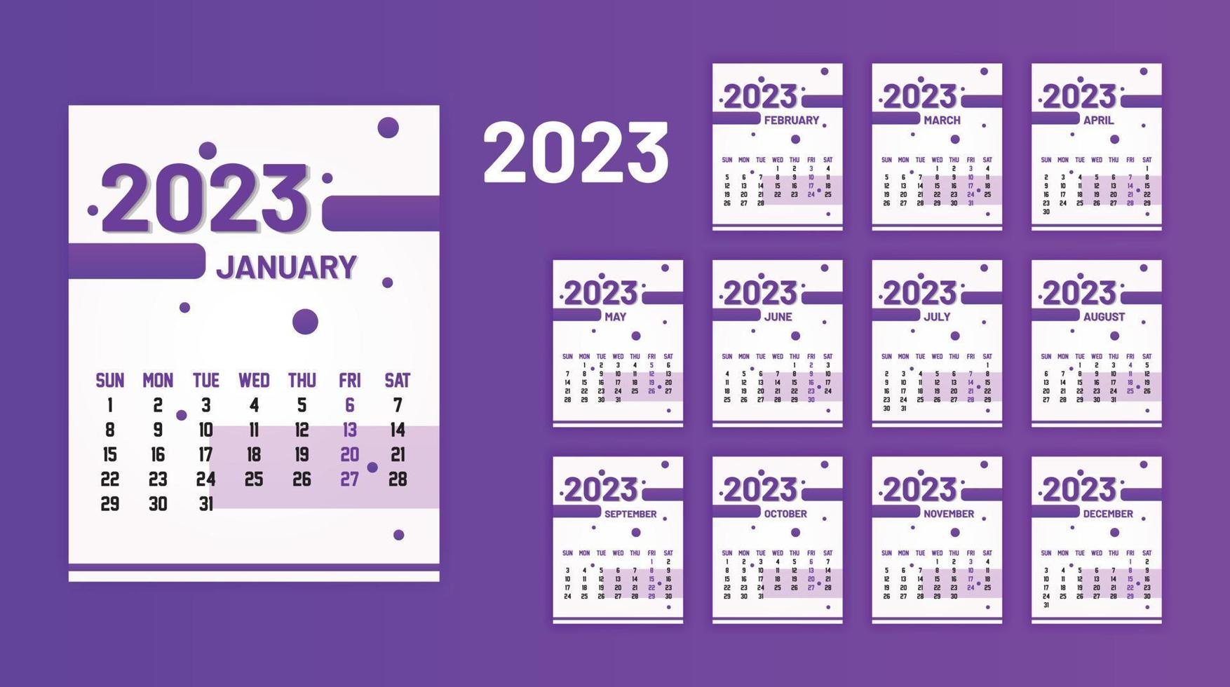 calendario anual 2023 plantilla vectorial eps lista para imprimir, calendario de 12 meses. vector