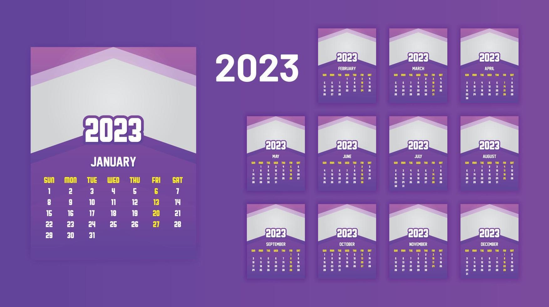 Yearly Calendar 2023 Print Ready Eps Vector Template, 12 Months Calendar.