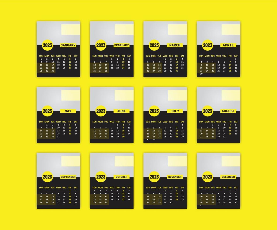 Yearly Calendar 2023 Print Ready Eps Vector Template, 12 Months Calendar.