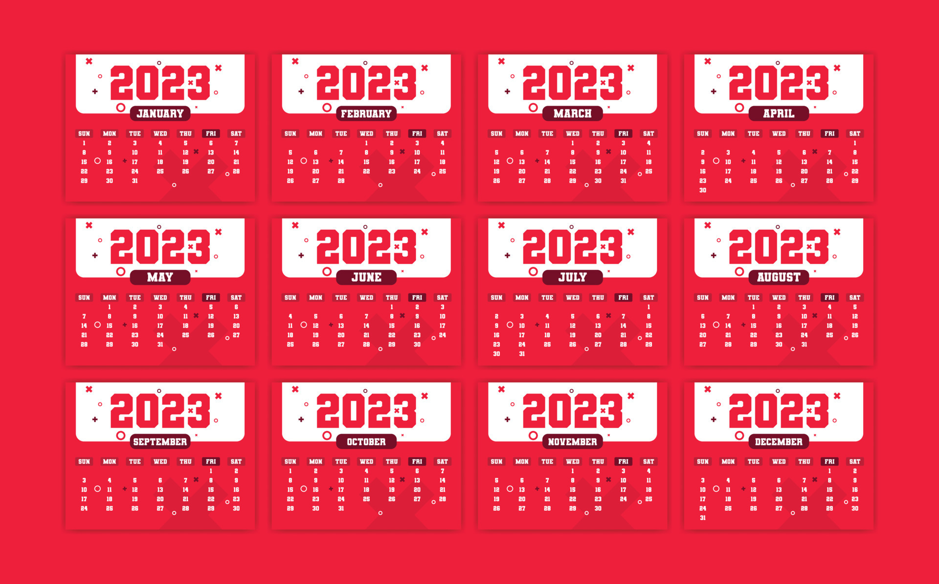Yearly Calendar 2023 Print Ready Eps Vector Template, 12 Months
