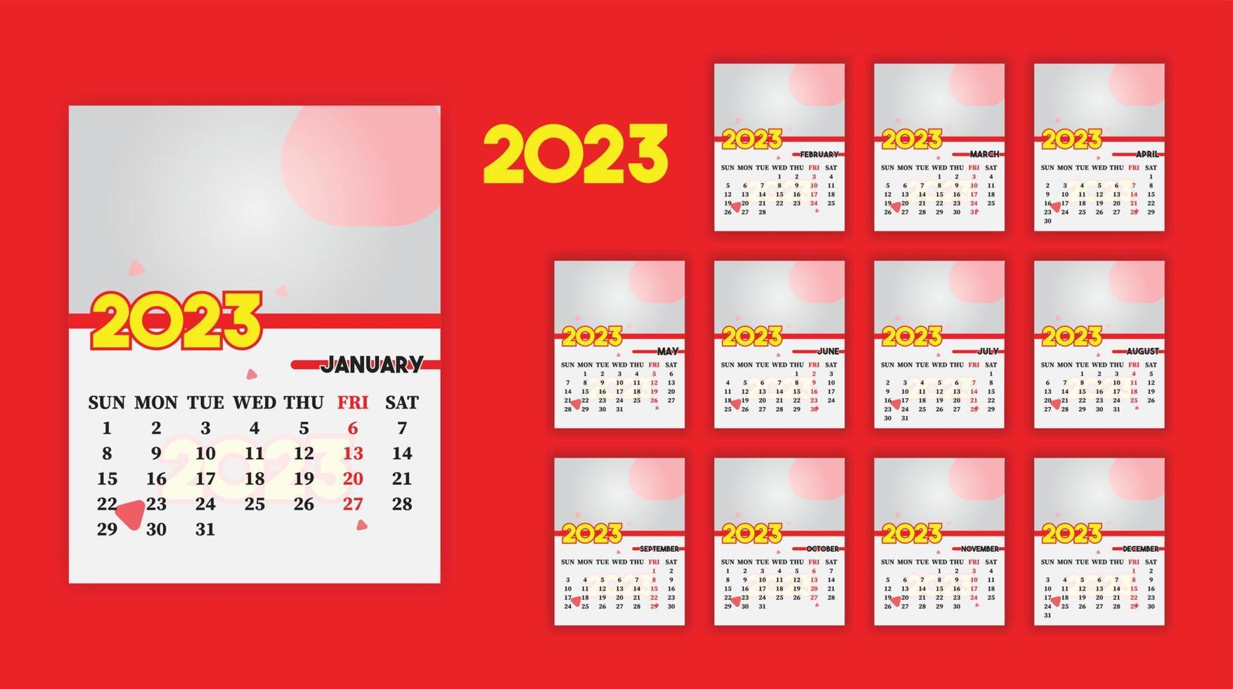 Yearly Calendar 2023 Print Ready Eps Vector Template, 12 Months Calendar.