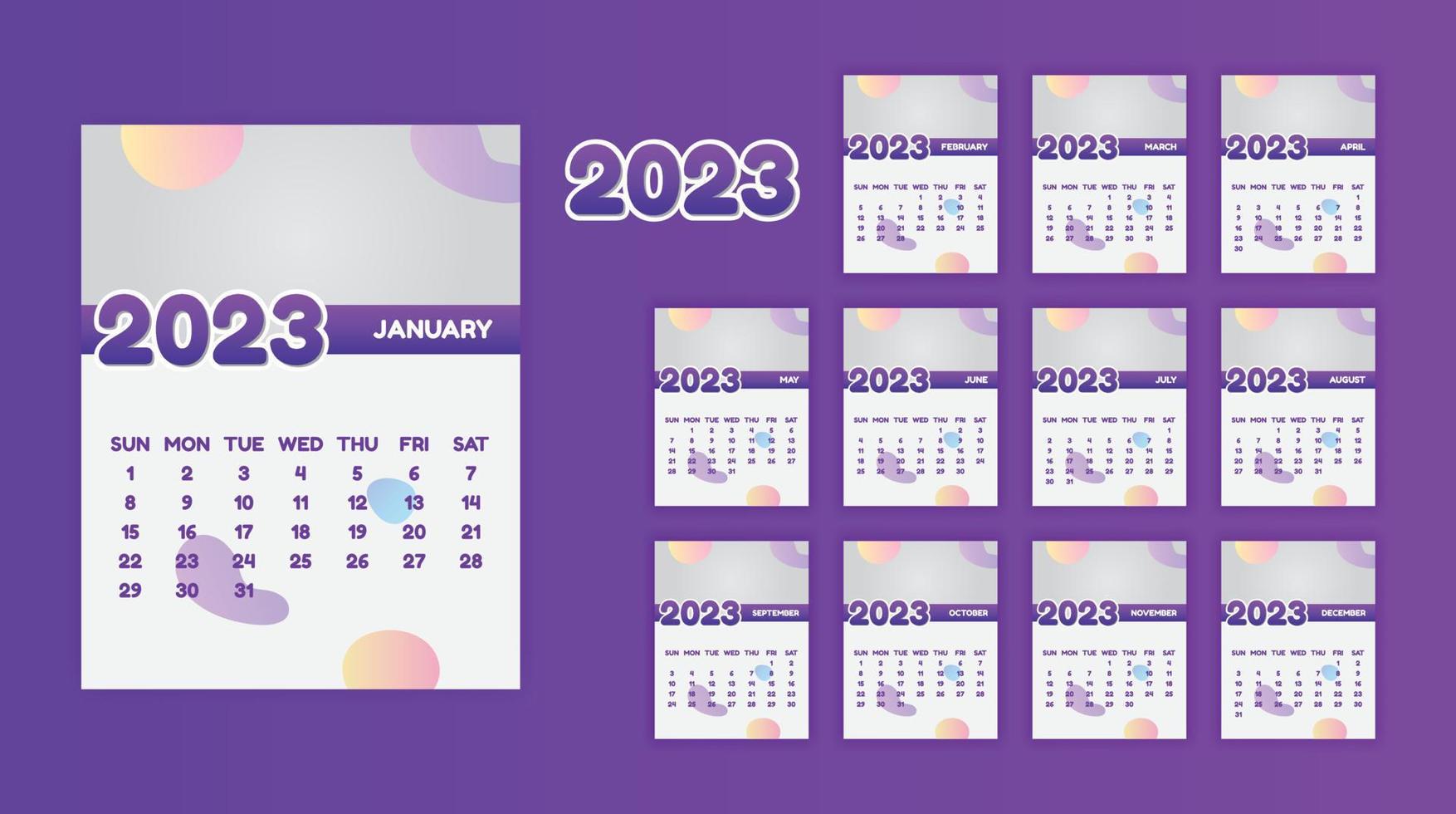 Yearly Calendar 2023 Print Ready Eps Vector Template, 12 Months Calendar.