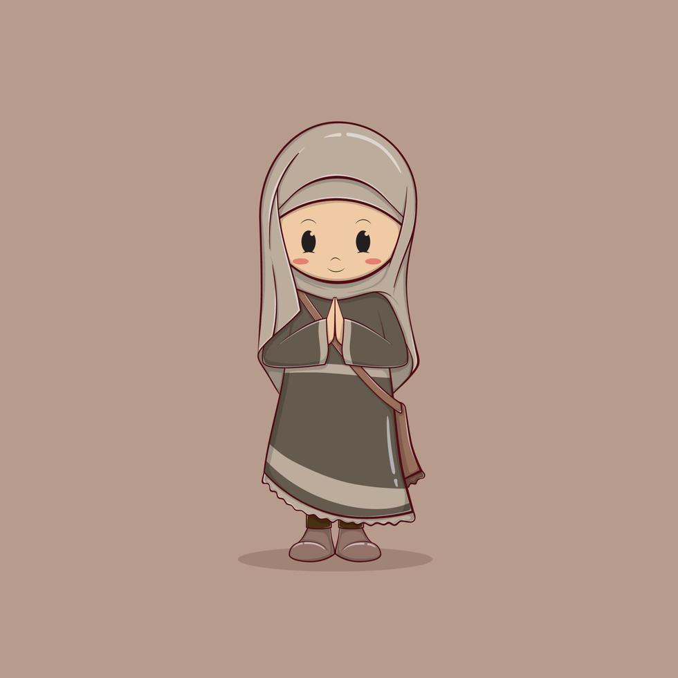 cute hijab woman characters with brown clothes, cartoons and vector designs