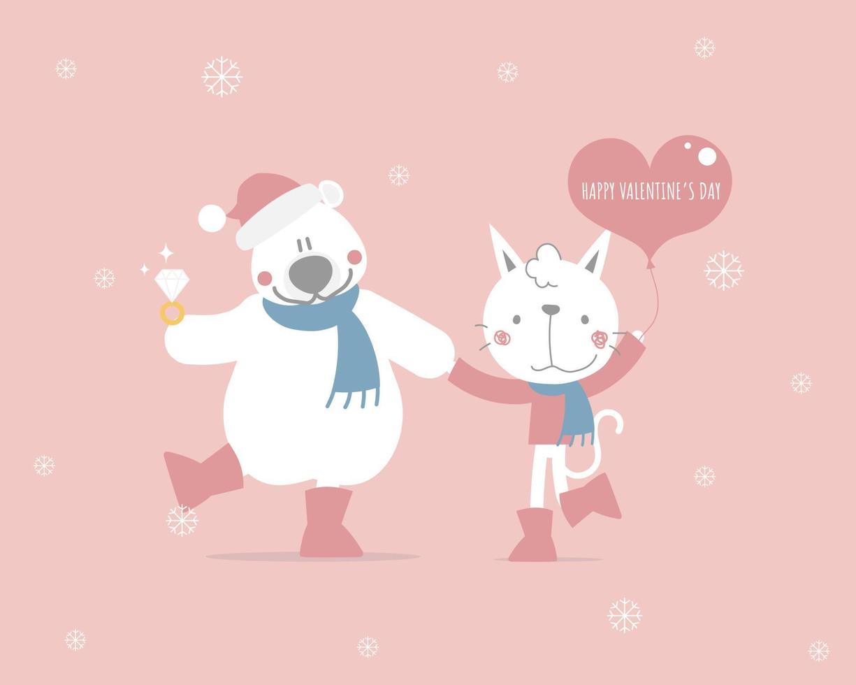 lindo y encantador oso de peluche dibujado a mano sosteniendo un anillo de diamantes y un globo de corazón con un gato, feliz día de San Valentín, concepto de amor, diseño de vestuario de personaje de dibujos animados de ilustración vectorial plana vector