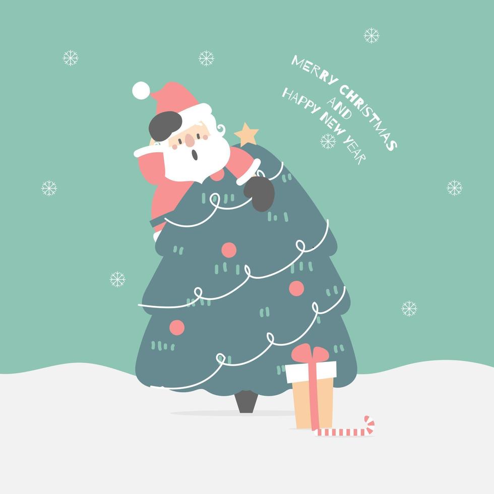 feliz navidad y feliz año nuevo con lindo santa claus y pino de árbol de navidad en el fondo verde de la temporada de invierno, ilustración de vector plano diseño de vestuario de personaje de dibujos animados
