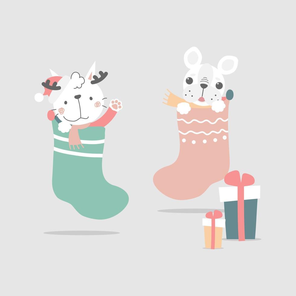 feliz navidad y feliz año nuevo con gato y bulldog francés en los calcetines, diseño de vestuario de personaje de dibujos animados de ilustración vectorial plana vector