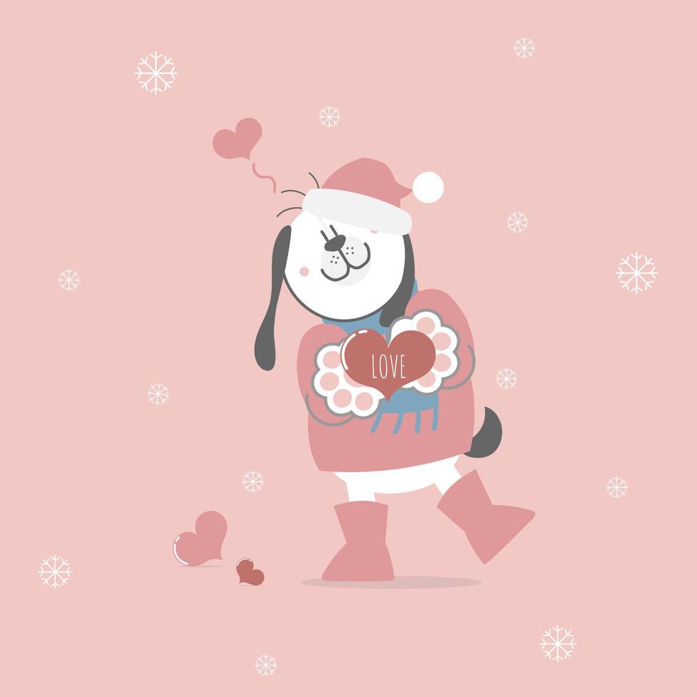 lindo y encantador perro dibujado a mano sosteniendo el corazón, feliz día de San Valentín, concepto de amor, diseño de vestuario de personaje de dibujos animados de ilustración vectorial plana vector