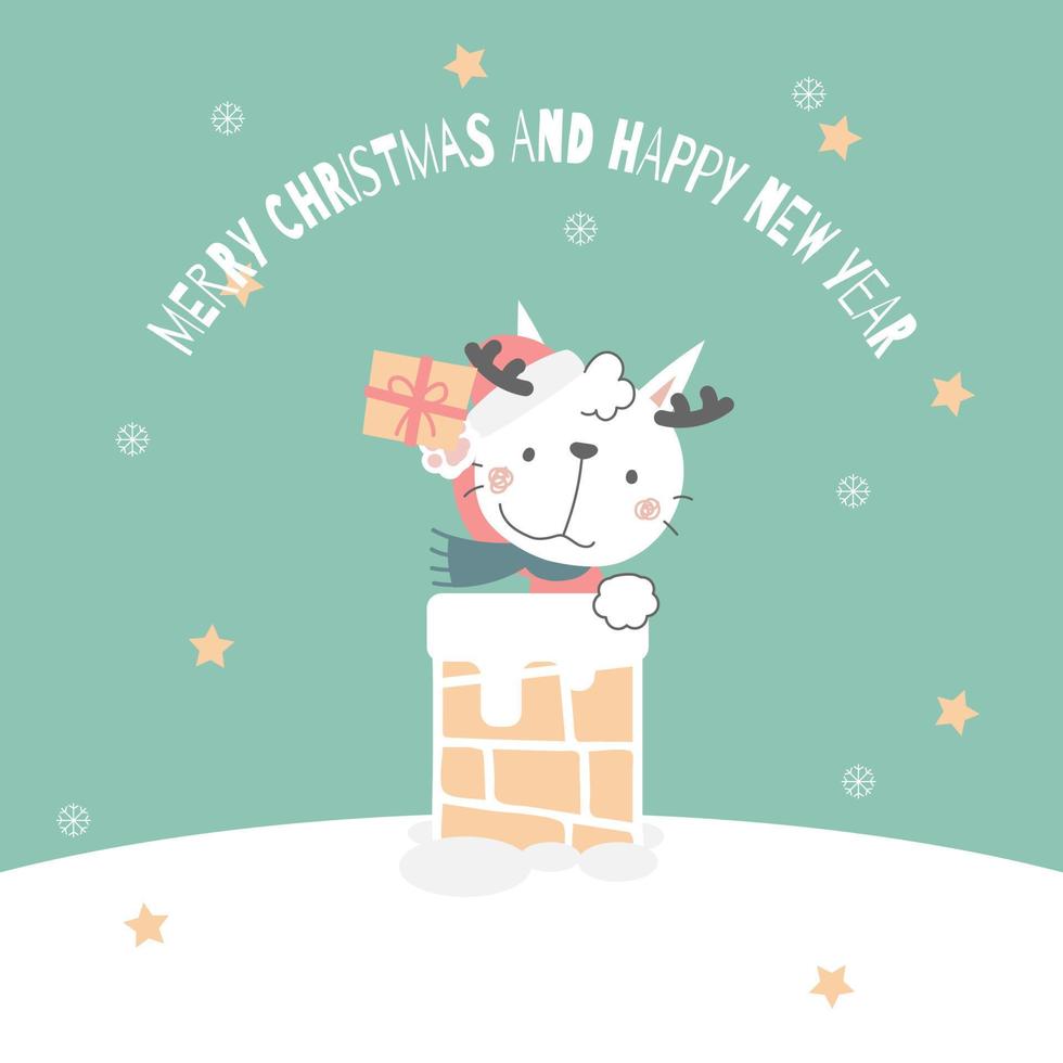 merry christmas and happy new year with cute white cat and gift box present and chimney in the winter season green background, flat vector illustration cartoon character costume design