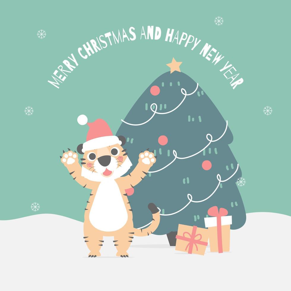 merry christmas and happy new year with cute tiger, gift box and christmas tree pine in the winter season green background, flat vector illustration cartoon character costume design
