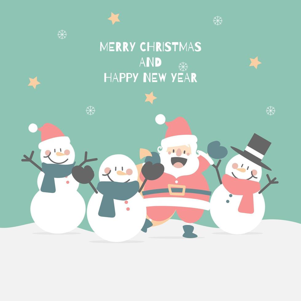 feliz navidad y feliz año nuevo con lindo santa claus y muñeco de nieve en la temporada de invierno, diseño de vestuario de personaje de dibujos animados de ilustración vectorial plana vector