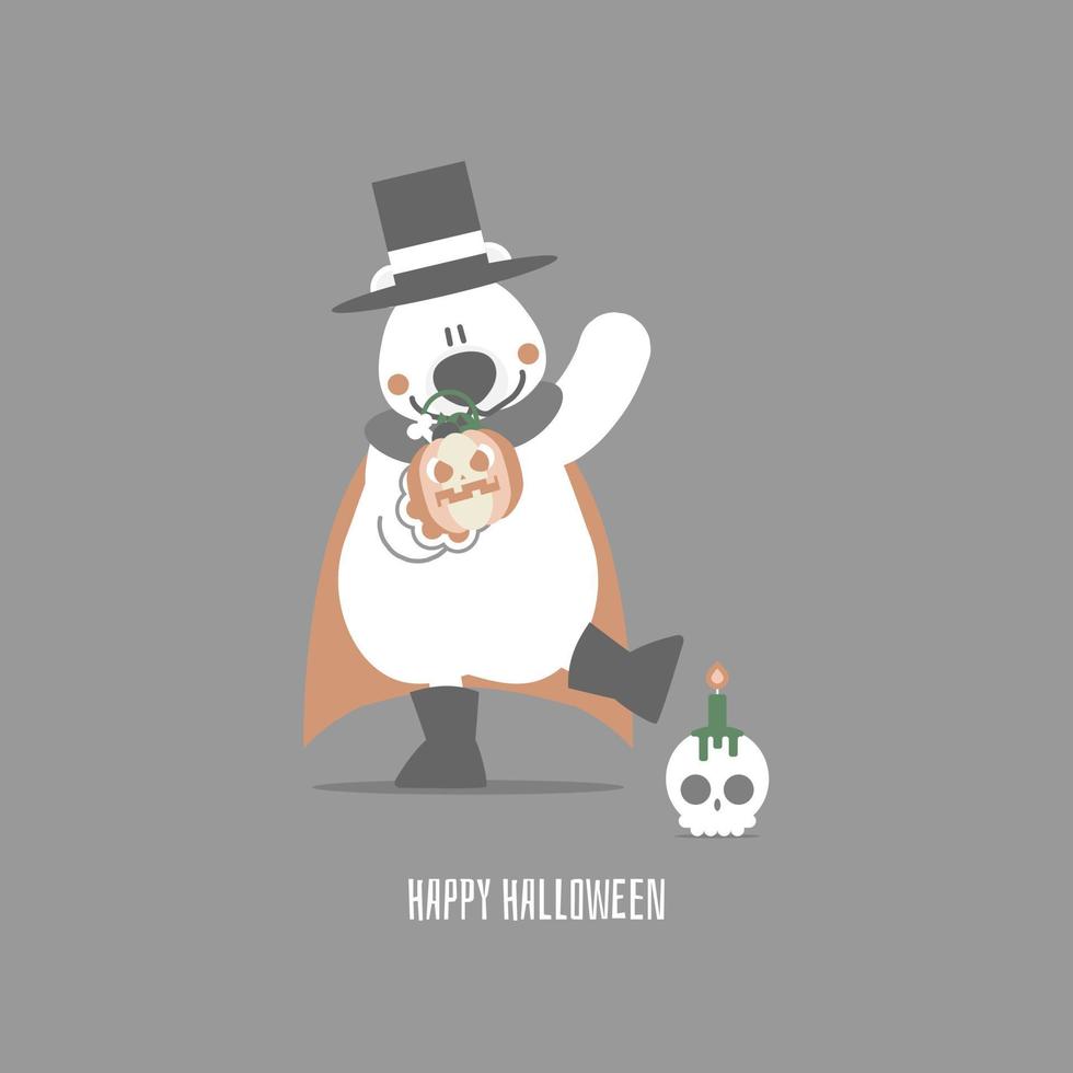 happy halloween holiday festival with teddy bear and pumpkin skull, flat vector illustration cartoon character design