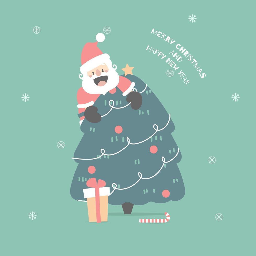 merry christmas and happy new year with cute santa claus and christmas tree pine in the winter season green background, flat vector illustration cartoon character costume design