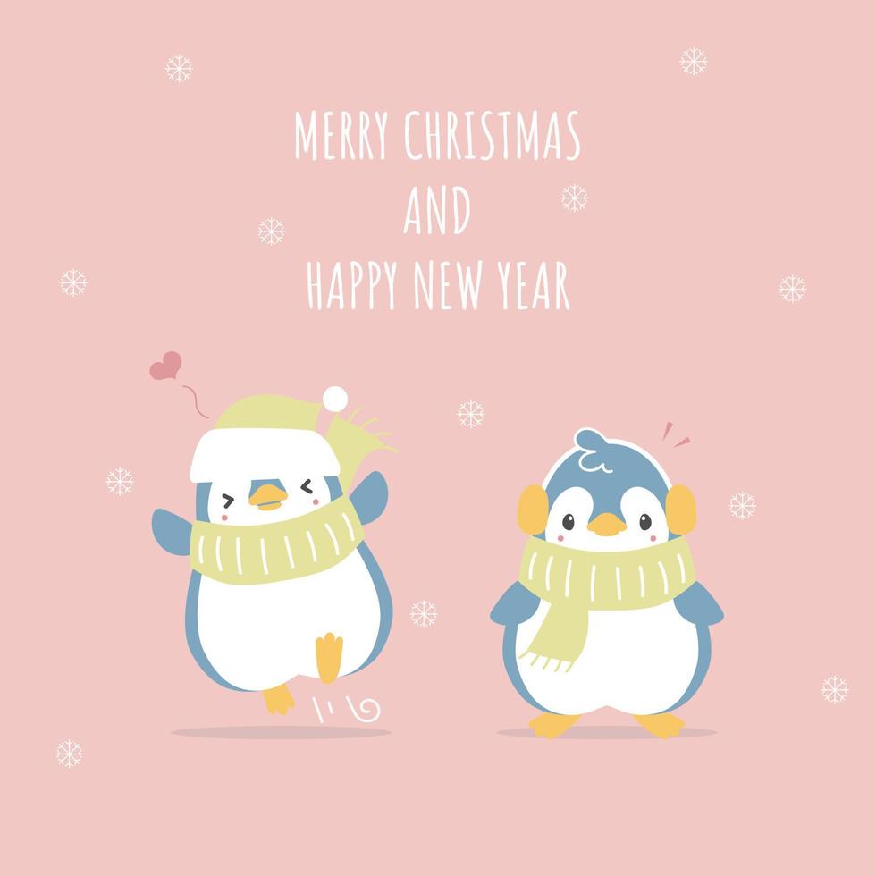merry christmas and happy new year 2020 with cute and lovely hand drawn couple penguin, snowflake in the winter season pink background, flat vector illustration cartoon character costume design