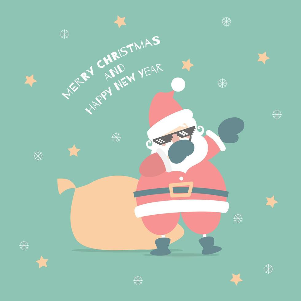 feliz navidad y próspero año nuevo con lindo dabbing santa claus hacer dabbing dance y presente regalo en la temporada de invierno fondo verde, ilustración de vector plano diseño de vestuario de personaje de dibujos animados