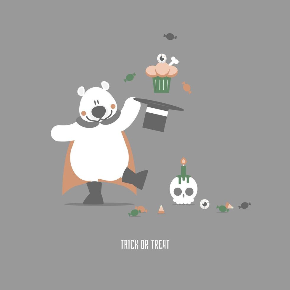 feliz fiesta de halloween con oso de peluche y cupcake y calavera, diseño de personajes de dibujos animados de ilustración vectorial plana vector
