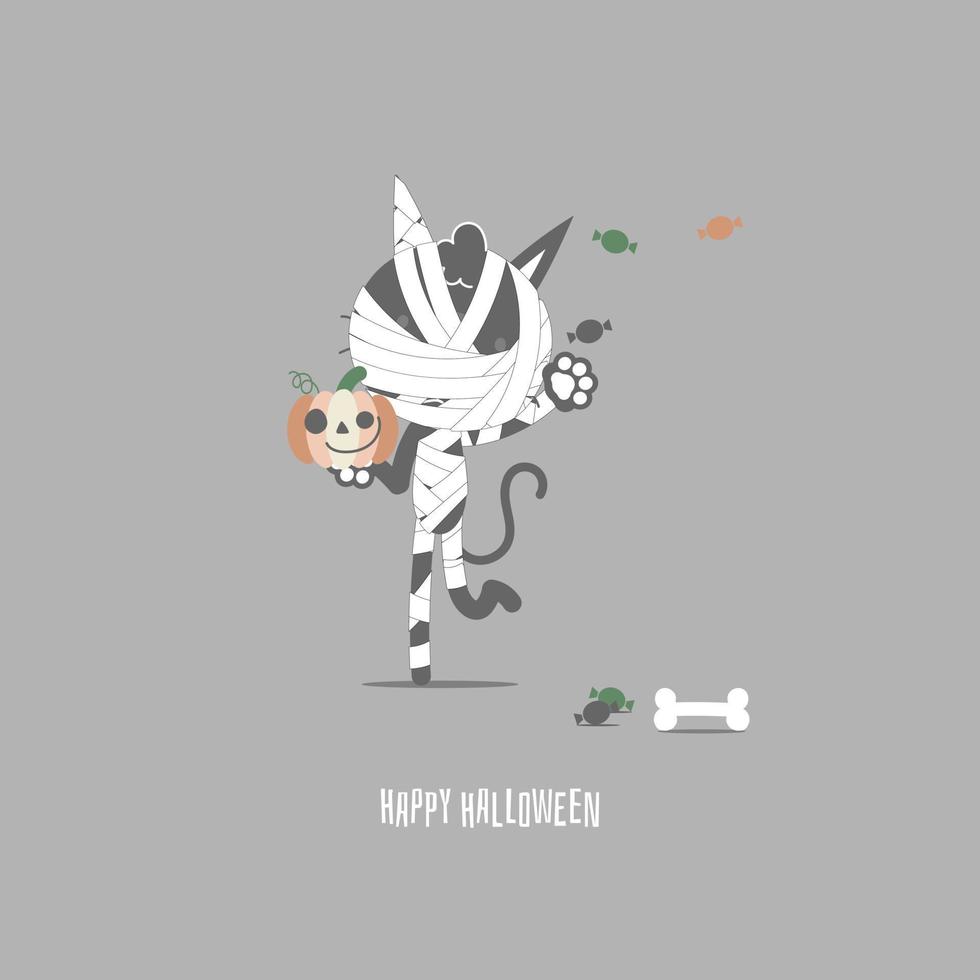 feliz festival de vacaciones de halloween con lindo gato momia y calabaza, diseño de personajes de dibujos animados de ilustración vectorial plana vector