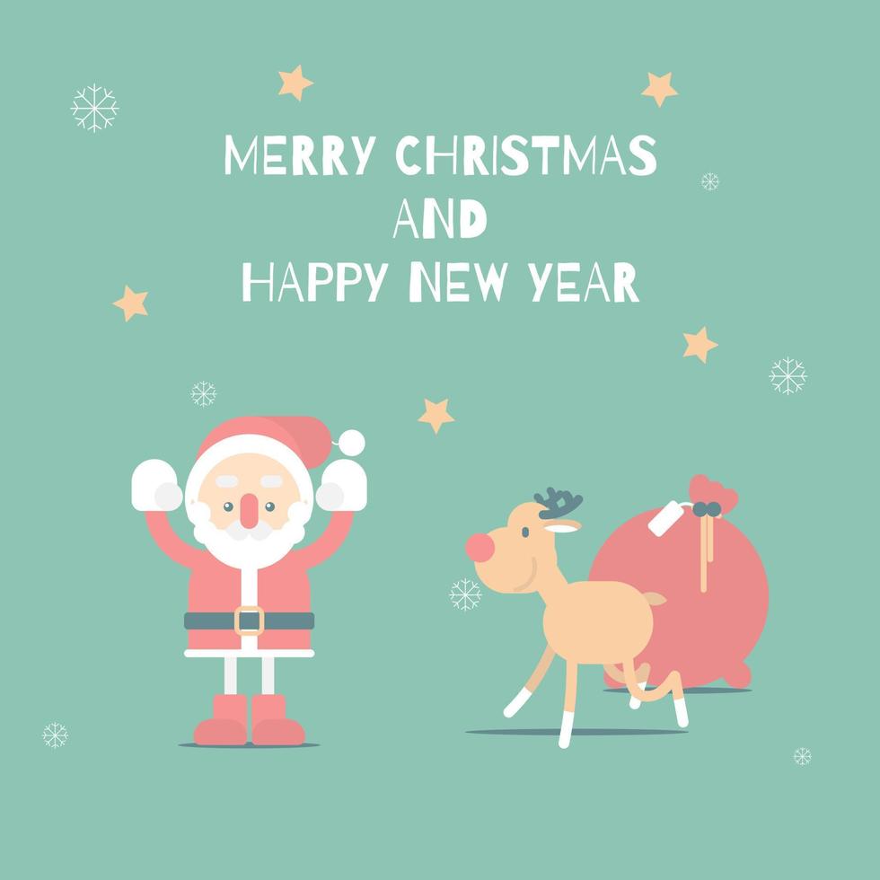 merry christmas and happy new year with cute santa claus, snowflake, star, reindeer in the winter season green background, flat vector illustration cartoon character costume design